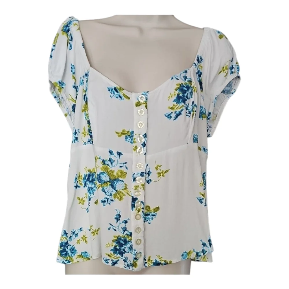 Free People White Floral Button Front Blouse with Blue and Green Print